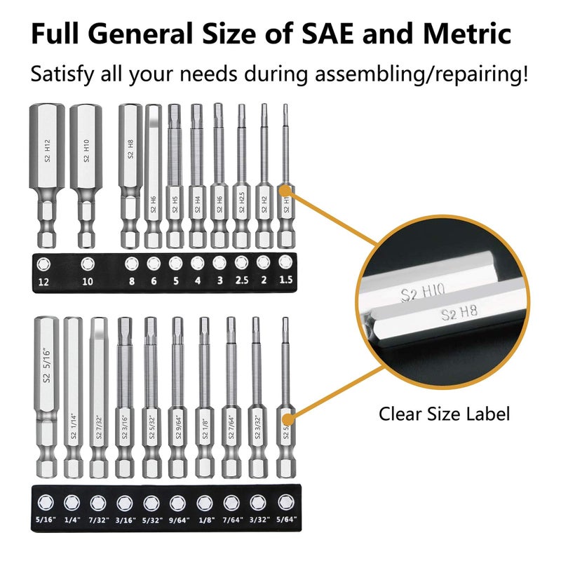 MulWark Hex Head Allen Wrench Drill Bit Set 20PC (10pc Metric & 10pc SAE)  2.3"" Long 1/4"" Diameter Quick Release Shank Magnetic Screwdriver Bit Set for Assembling Furniture - Image 2